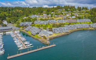 An aerial view of The Embarcadero Resort, one of the best places to stay in Newport.