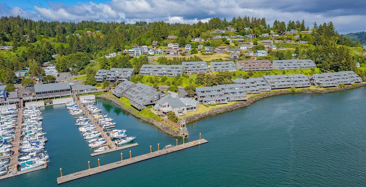 An aerial view of The Embarcadero Resort, one of the best places to stay in Newport.